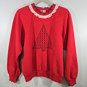 Vintage‎ 90s Lee Christmas Tree Sweatshirt Lace Collar Red Women's Size Large